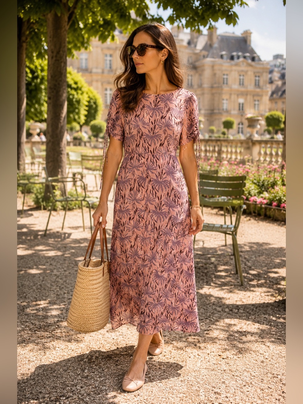 Madewell 100% Silk Botanical Midi Dress Pink Ruched Sleeve Size 2